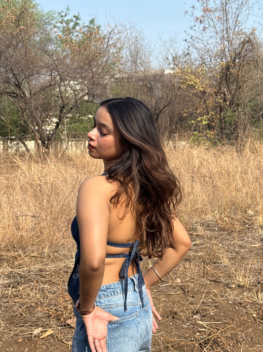 Iris Embroidered Denim Halter Top Midnight Blue