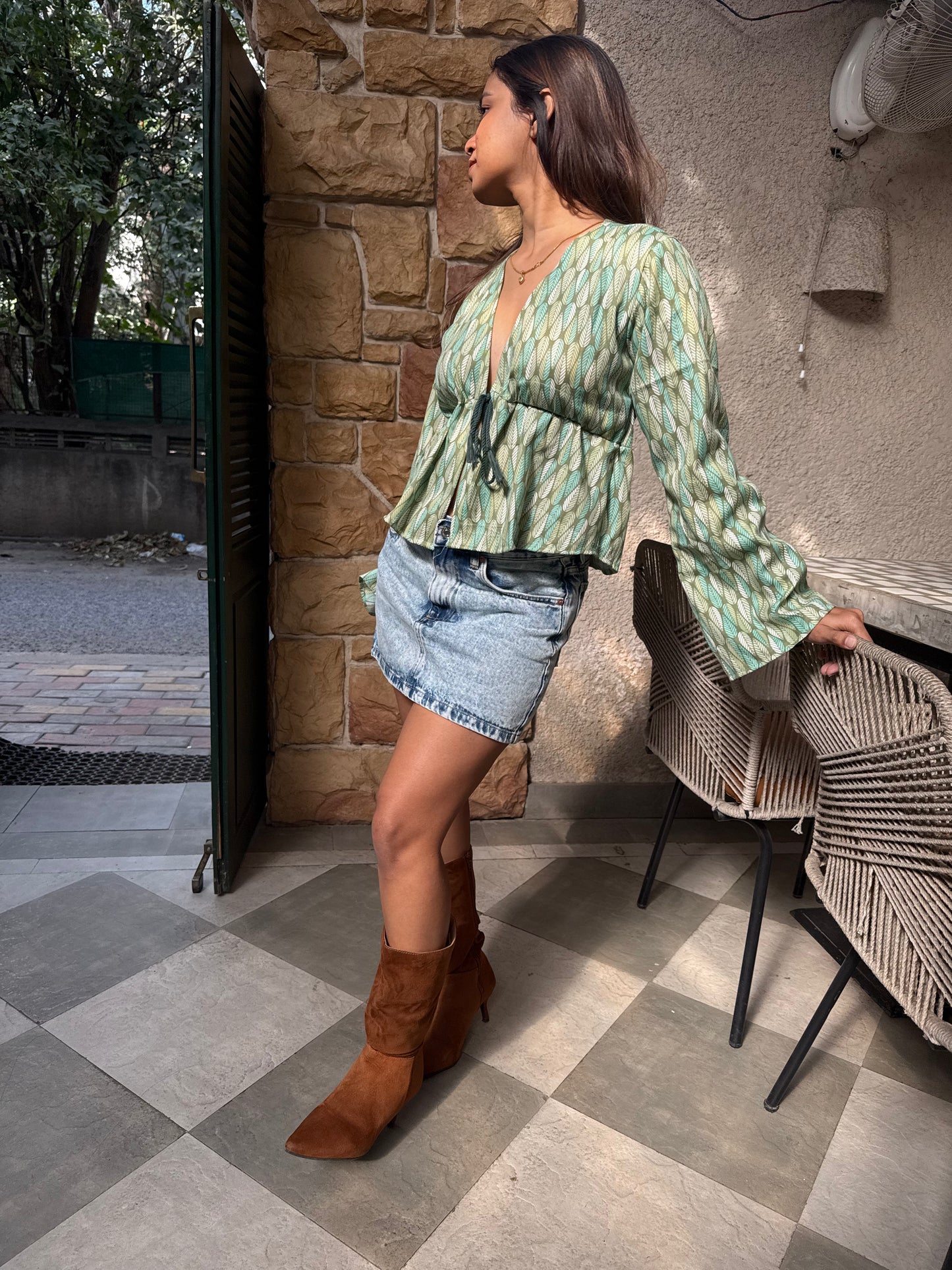 EVIE Cotton Tie-Front Long Sleeve Top - Sage Green Leaf Print