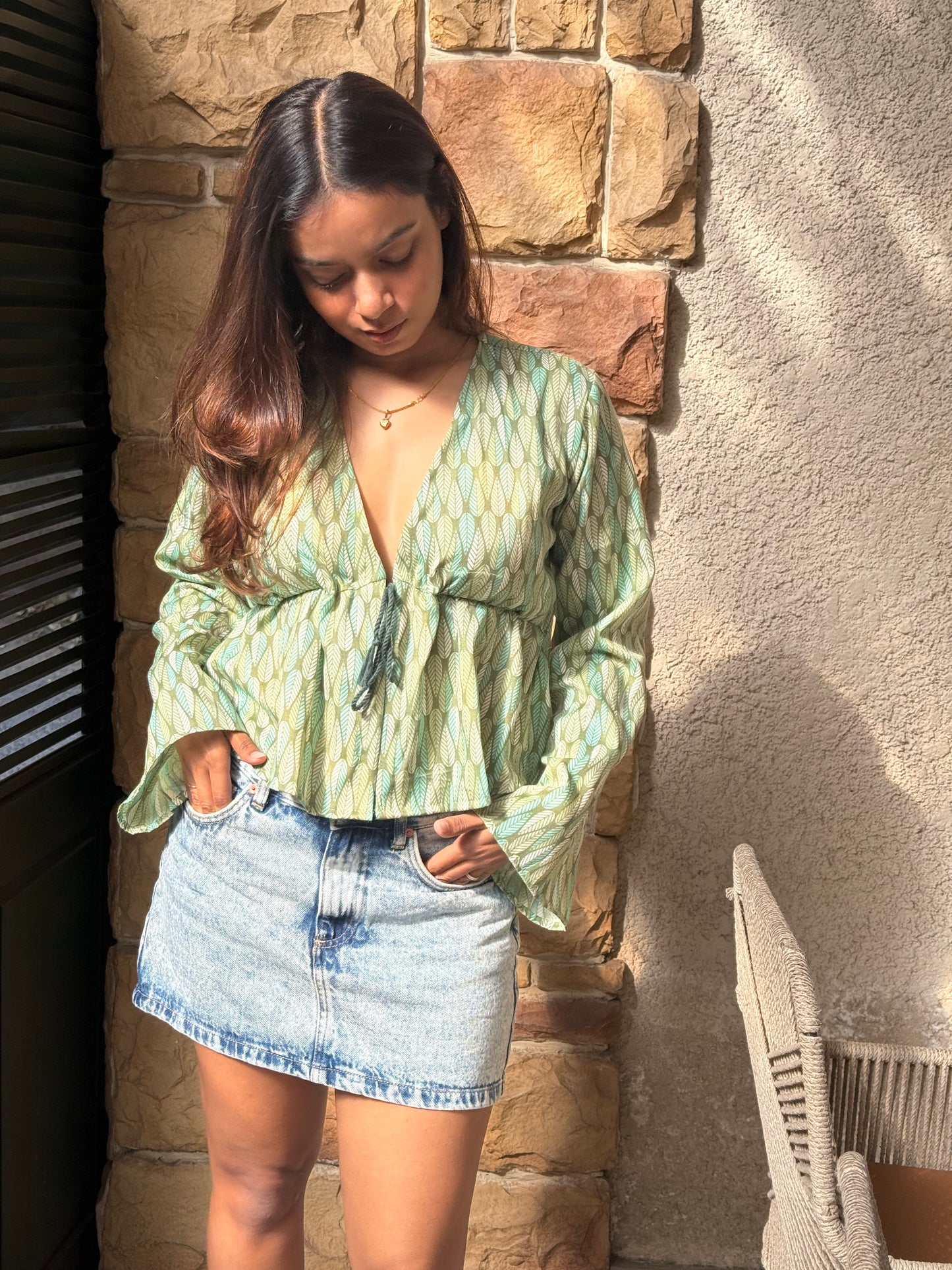 EVIE Cotton Tie-Front Long Sleeve Top - Sage Green Leaf Print