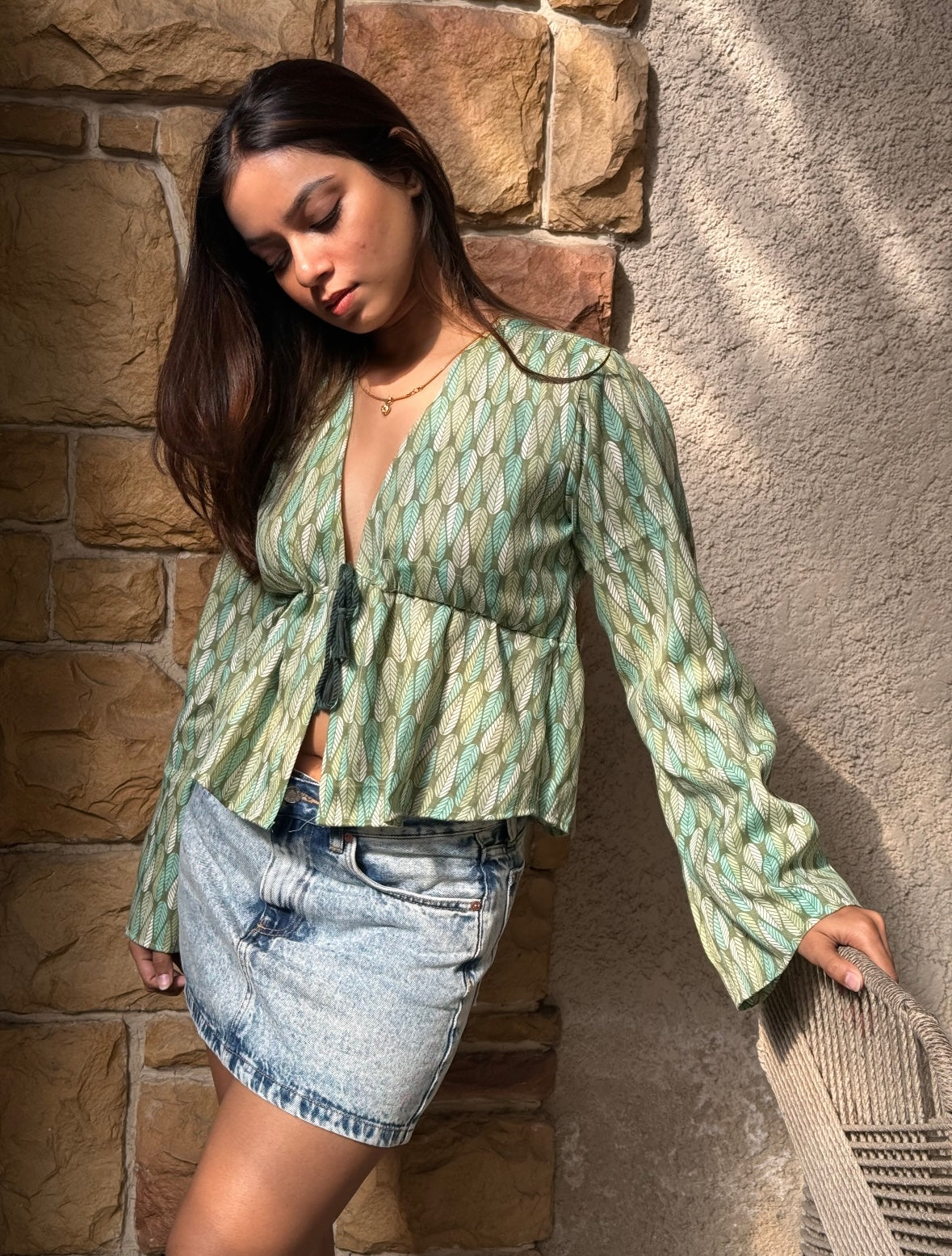 EVIE Cotton Tie-Front Long Sleeve Top - Sage Green Leaf Print