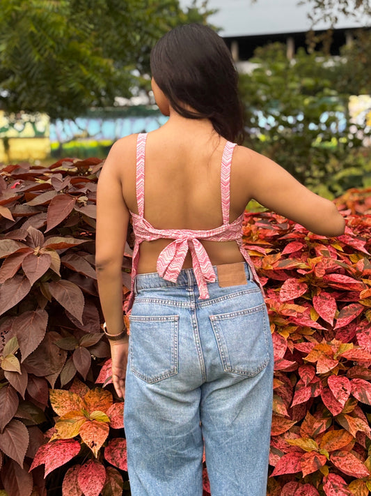 ALORA Cotton Square Neck Tie-Back Top – Pink Candy Print