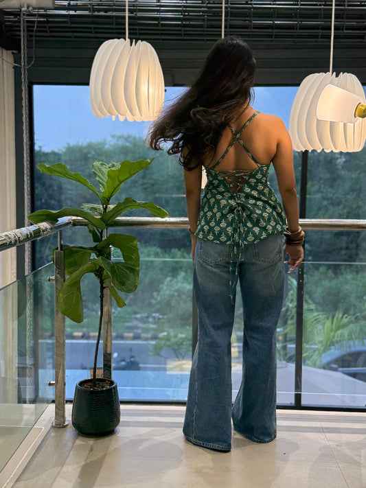 NAIA Cotton Cross-Back Corset Tie-Up – Green Hand Print