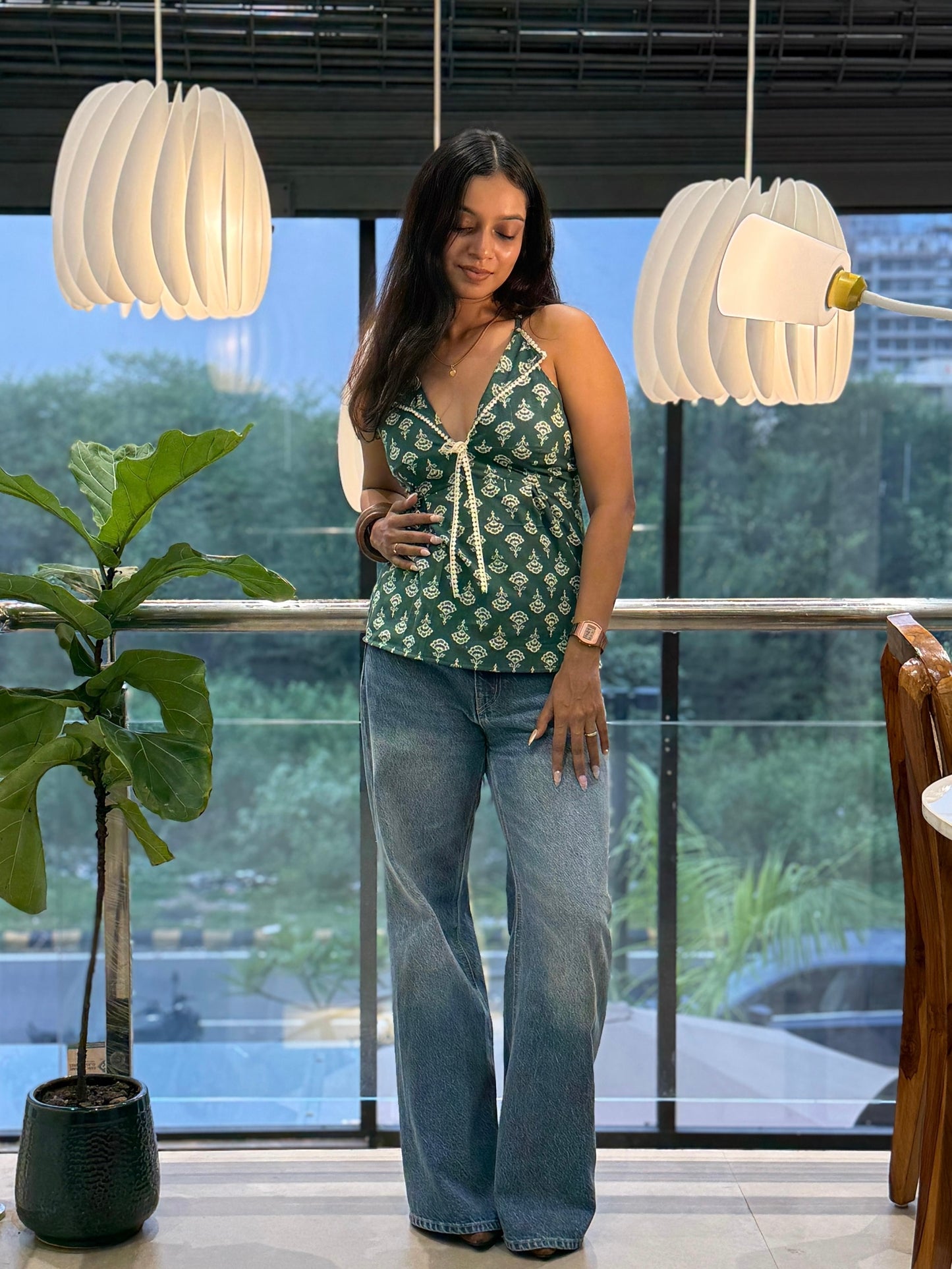 NAIA Cotton Cross-Back Corset Tie-Up – Green Hand Print