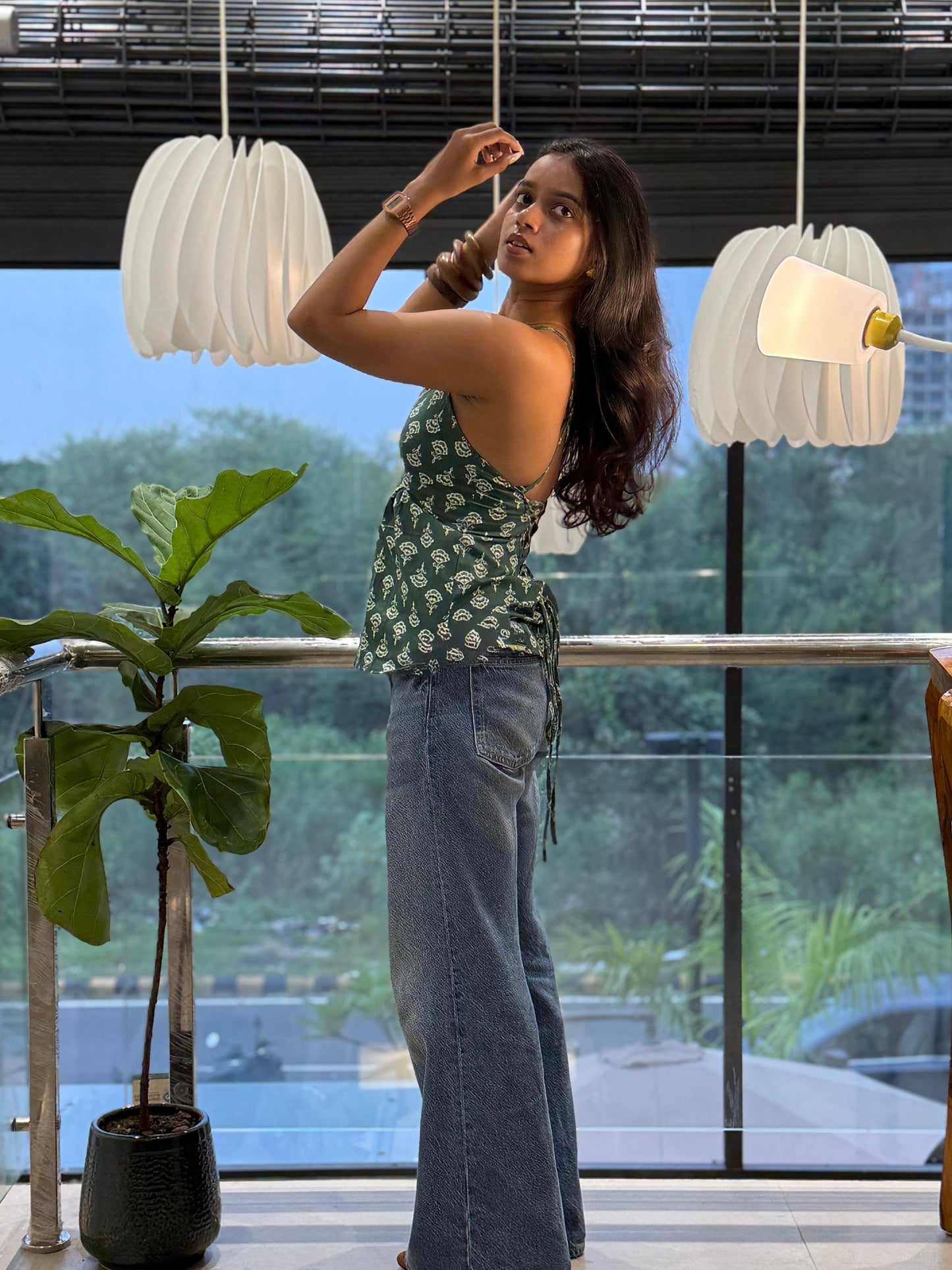 NAIA Cotton Cross-Back Corset Tie-Up – Green Hand Print