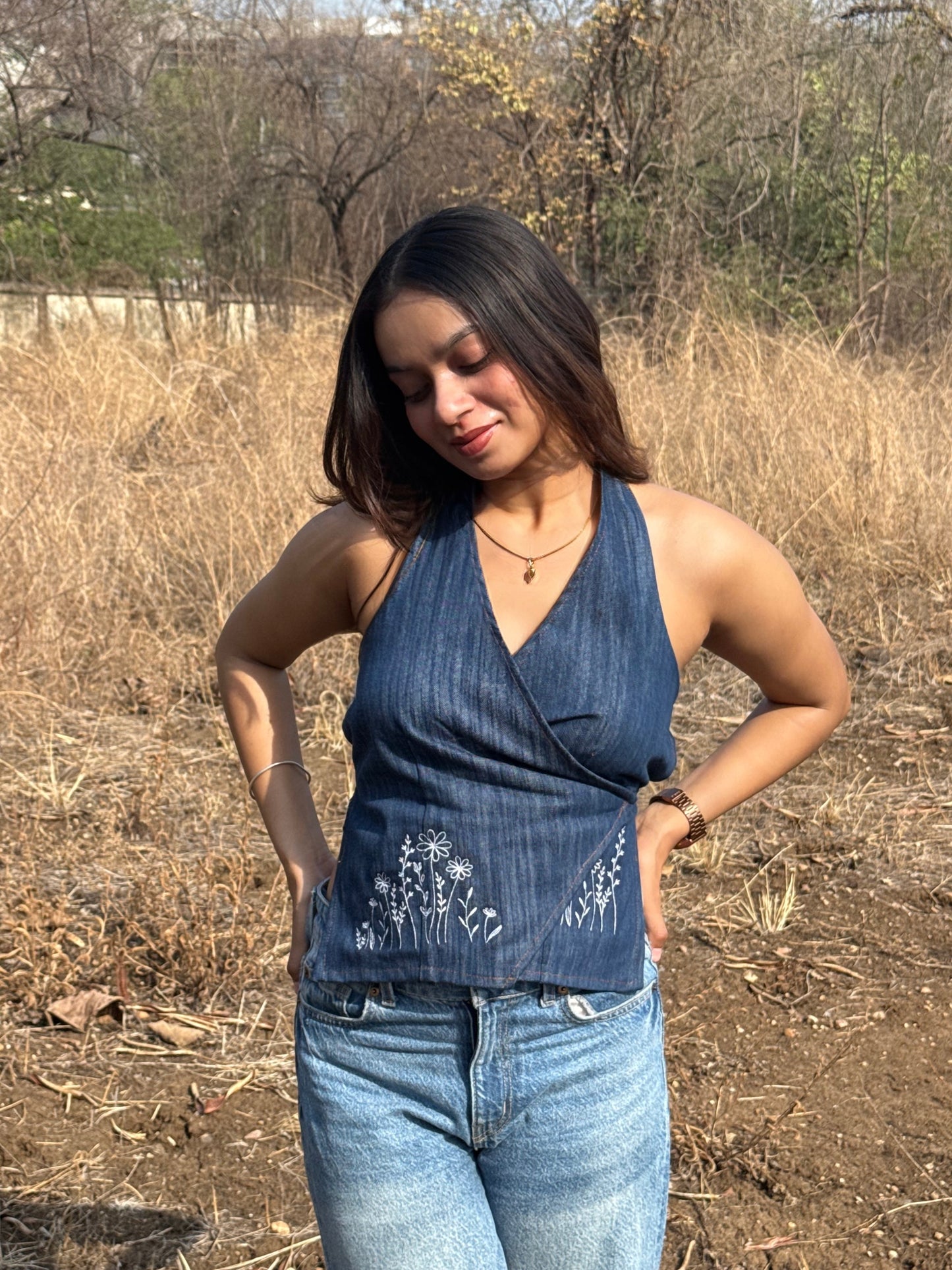 Iris Embroidered Denim Halter Top Midnight Blue