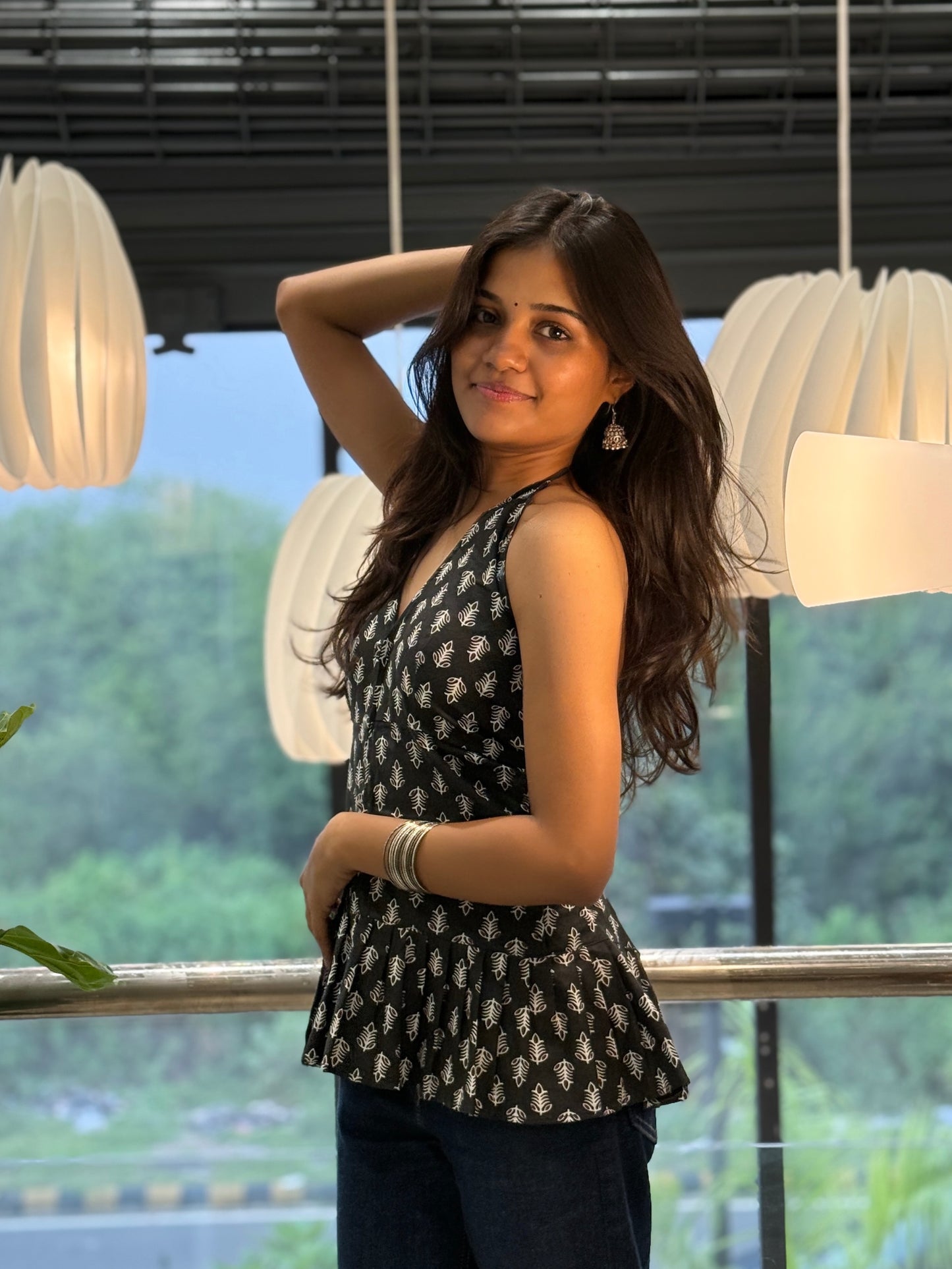 ZYRA Cotton Halter Neck Tie-Back Top – Black & White Print