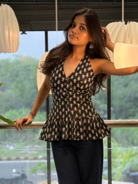 ZYRA Cotton Halter Neck Tie-Back Top – Black & White Print