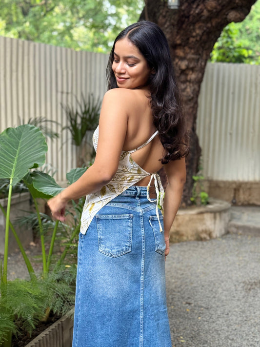 ELAN Cotton One-Shoulder Asymmetric Top – White & Mustard Leaf Print