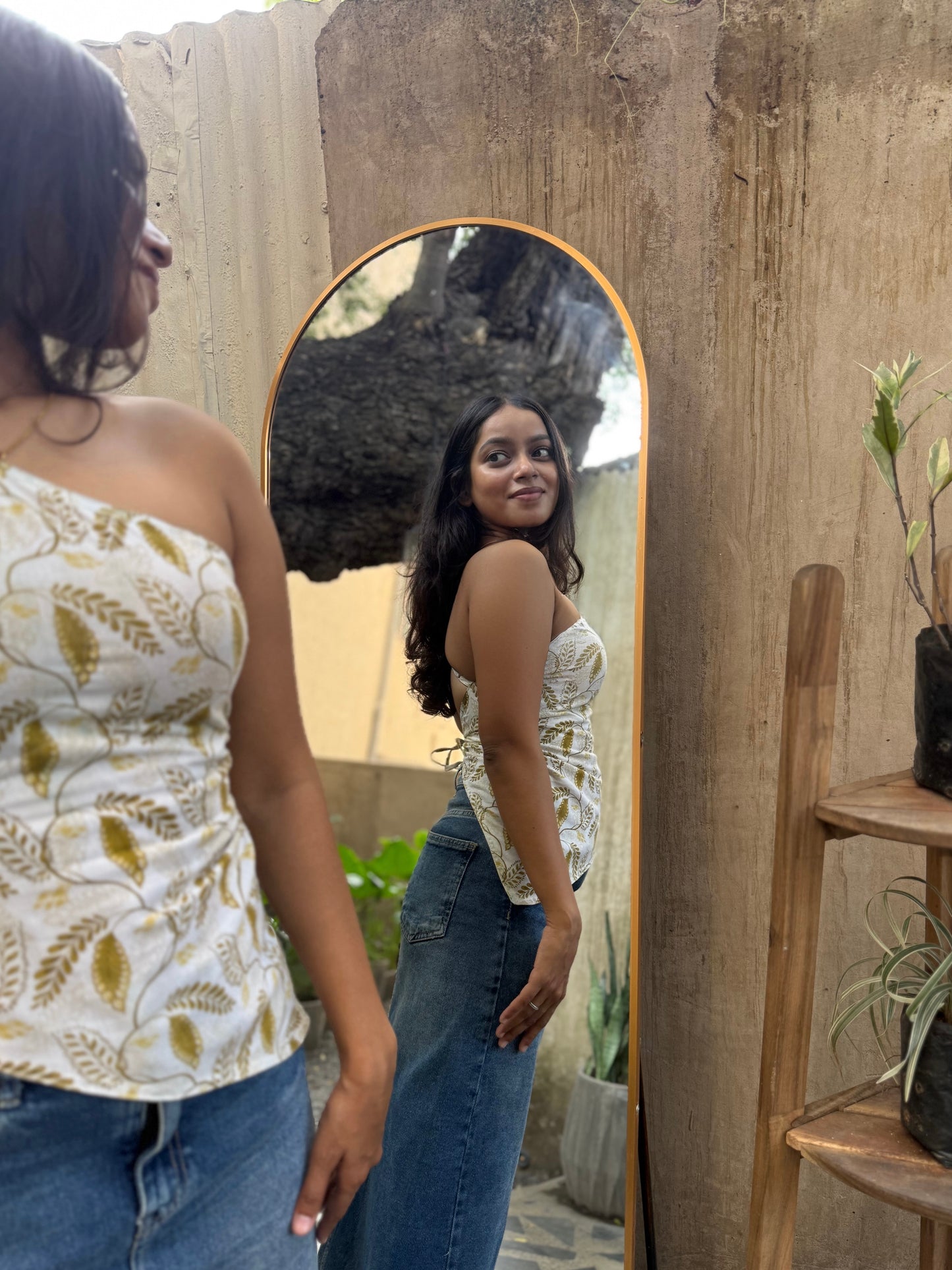 ELAN Cotton One-Shoulder Asymmetric Top – White & Mustard Leaf Print