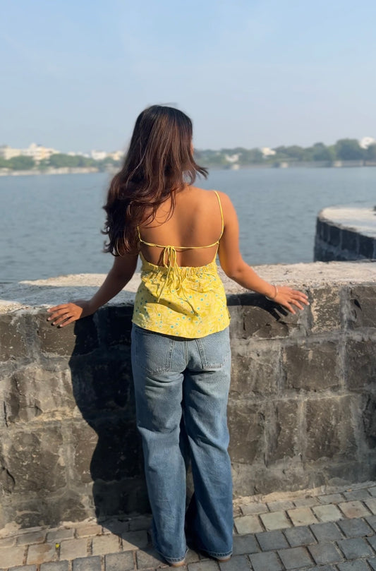 RAE Cotton Tie-Back Top – Yellow Floral Print