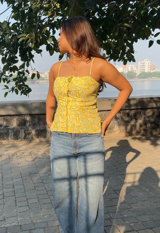 RAE Cotton Tie-Back Top – Yellow Floral Print